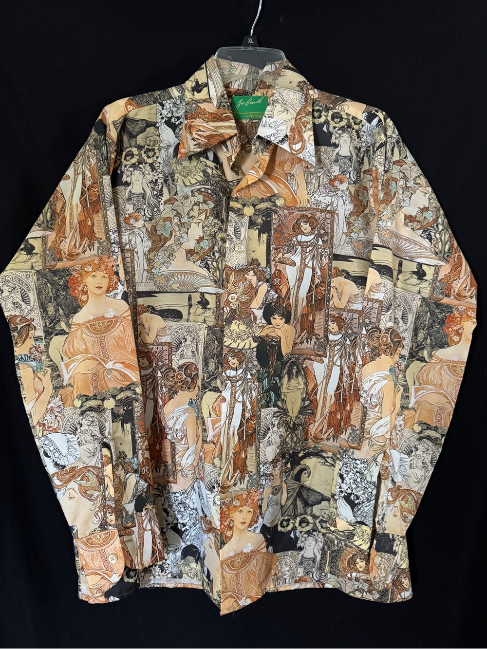 Vintage 70s Joe Namath by Arrow Mucha Art Nouveau Print Shirt Medium Disco